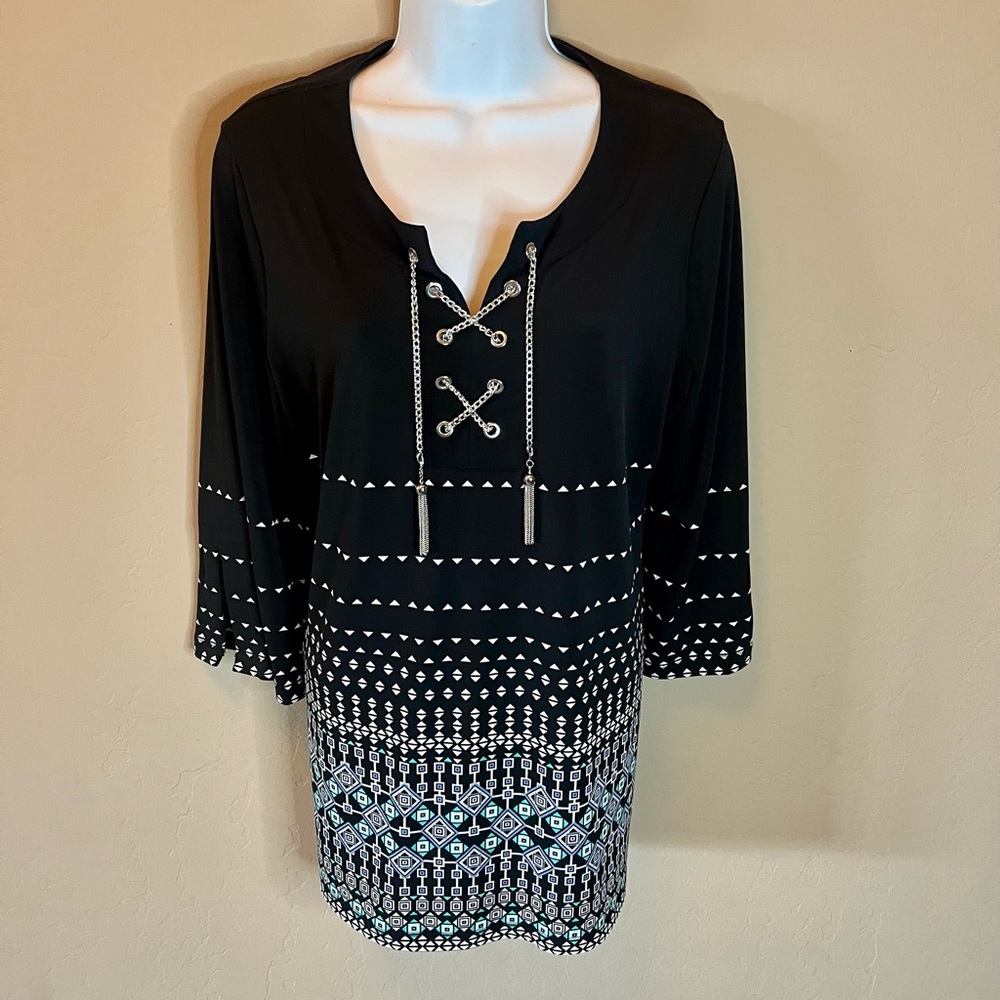 JM Collection Black Tunic Top Chain Lace up Border print 3/4 sleeve Medium
